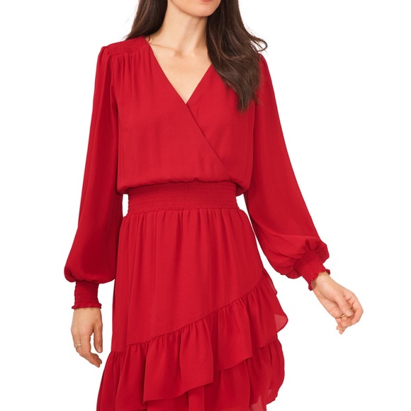 Red long sleeve, smocked waist, pullover dress ruffled-hem dress from MSK - Picture 5 of 7
